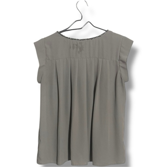 PLEIONE Women's Small Beaded Neckline Flowy Elegant Gray/Green Short Sleeve Top - Picture 11 of 16
